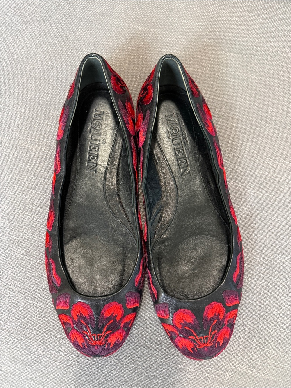 Alexander McQueen Black Flats with Red Floral Embroidery